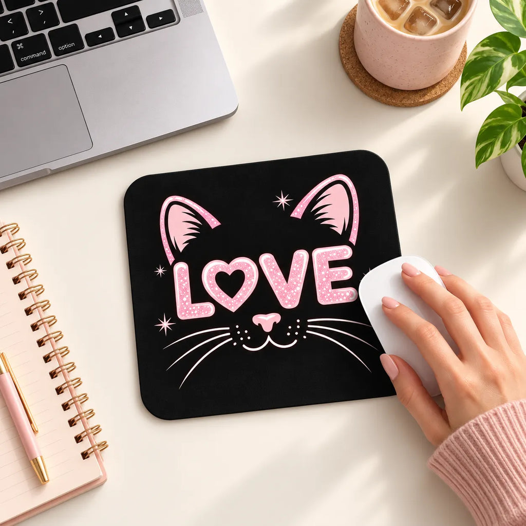 SLEEVER pink love cat face black desk mousepad 17.5 x 21.5 cm with anti-slip rubber base