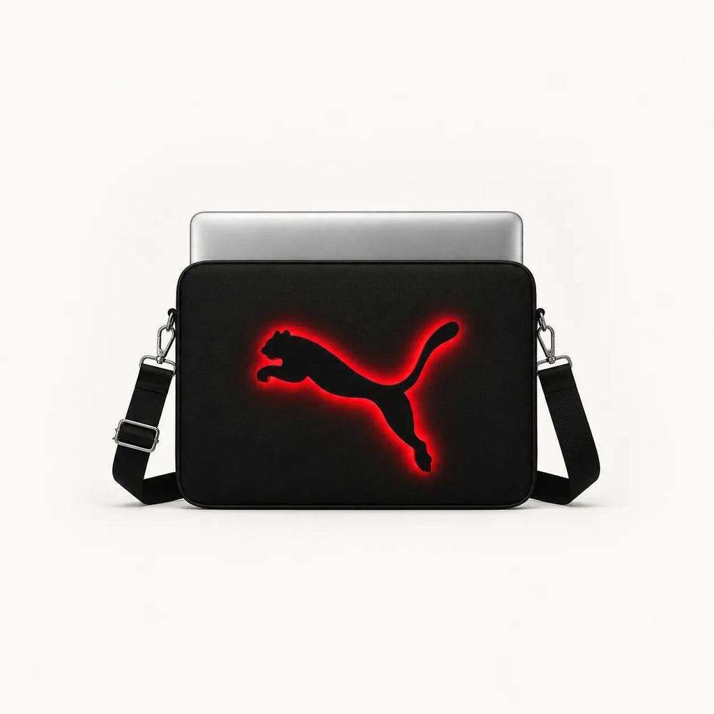 A black laptop sleeve with a glowing red Puma logo, shown with a silver laptop inserted on a clean white background.