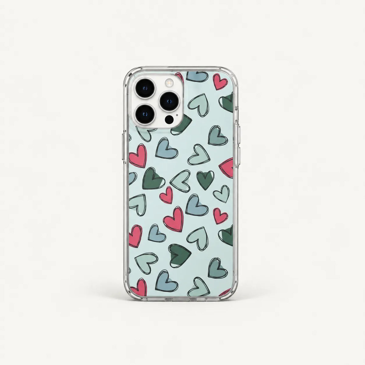 SLEEVER clear TPU phone case with colorful hand-drawn doodle hearts UV print and magnetic charging compatibility   