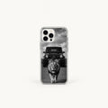 SLEEVER clear TPU phone case with black and white lion walking in front of a Mercedes G-Wagon UV print and magnetic charging compatibility   