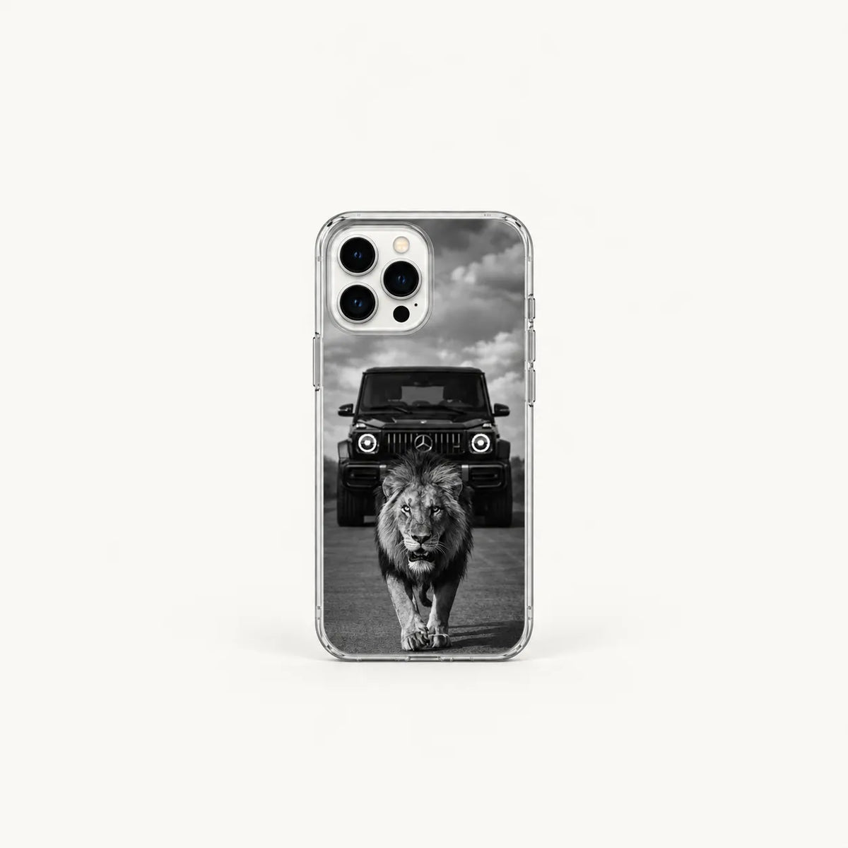 SLEEVER clear TPU phone case with black and white lion walking in front of a Mercedes G-Wagon UV print and magnetic charging compatibility   