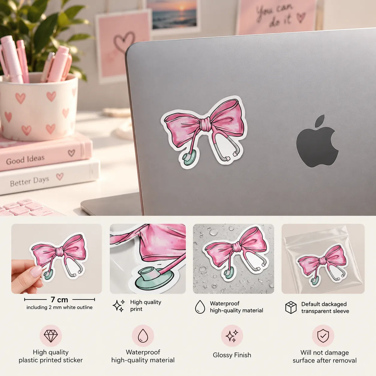 A stylish pink ribbon bow formed by a medical stethoscope with a white outline sticker by SLEEVER