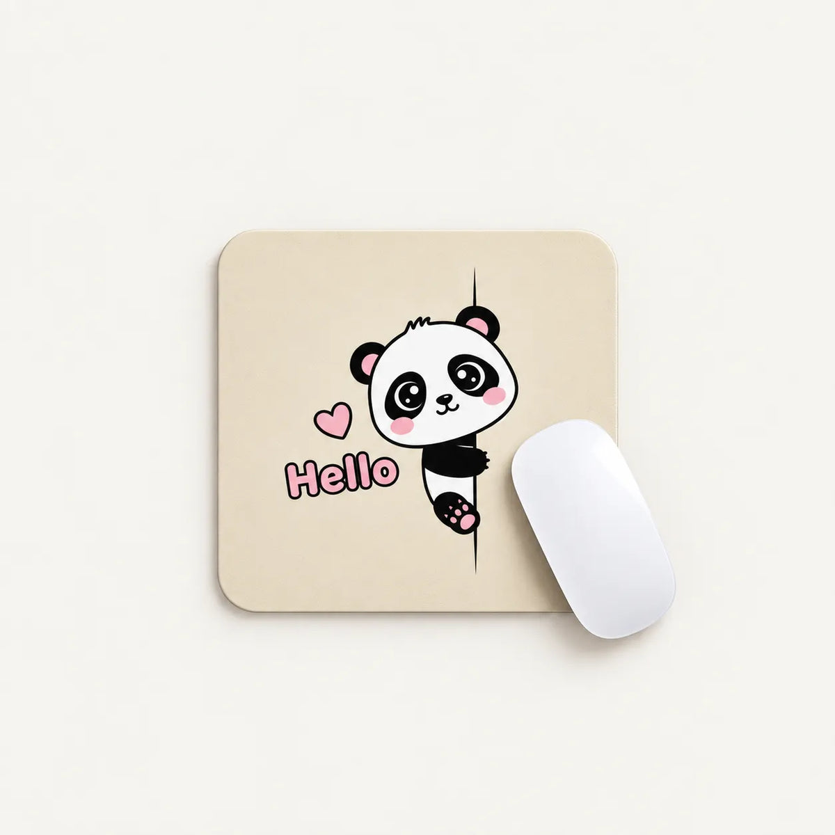 A square beige mousepad with rounded corners featuring a cute cartoon panda peeking out from behind a vertical line with the word 'Hello' and a pink heart. A white computer mouse rests on the right side of the pad against a clean off-white background.