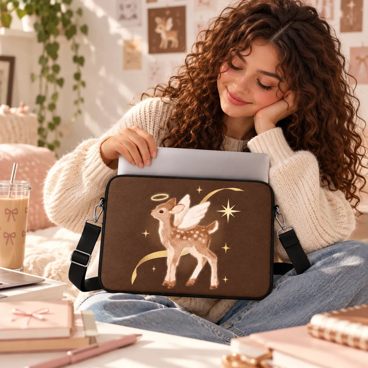 Cute baby deer with angel wings, halo, and golden sparkling stars on a brown textured padded laptop sleeve by SLEEVER