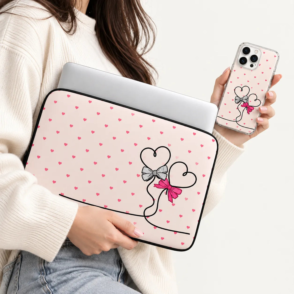 "Heart Balloons" cute heart balloons and ribbons pattern pink clear phone case and matching laptop sleeve set by SLEEVER Egypt   