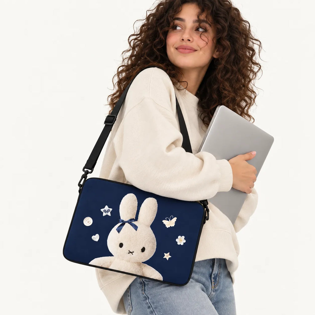 Cute plush bunny with navy blue satin bow ribbon on a deep navy padded laptop sleeve by SLEEVER