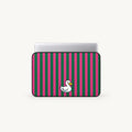 A laptop sleeve with a vertical pink and green stripe pattern and a small white duck graphic, shown on a silver laptop against a light cream background.