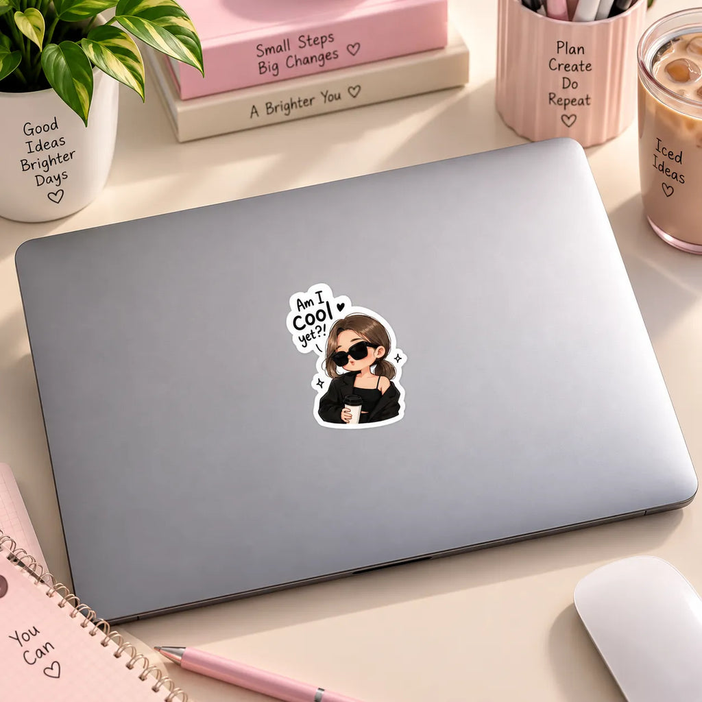 Cool chic anime girl with sunglasses holding coffee cup with Am I Cool yet?! speech bubble sticker by SLEEVER