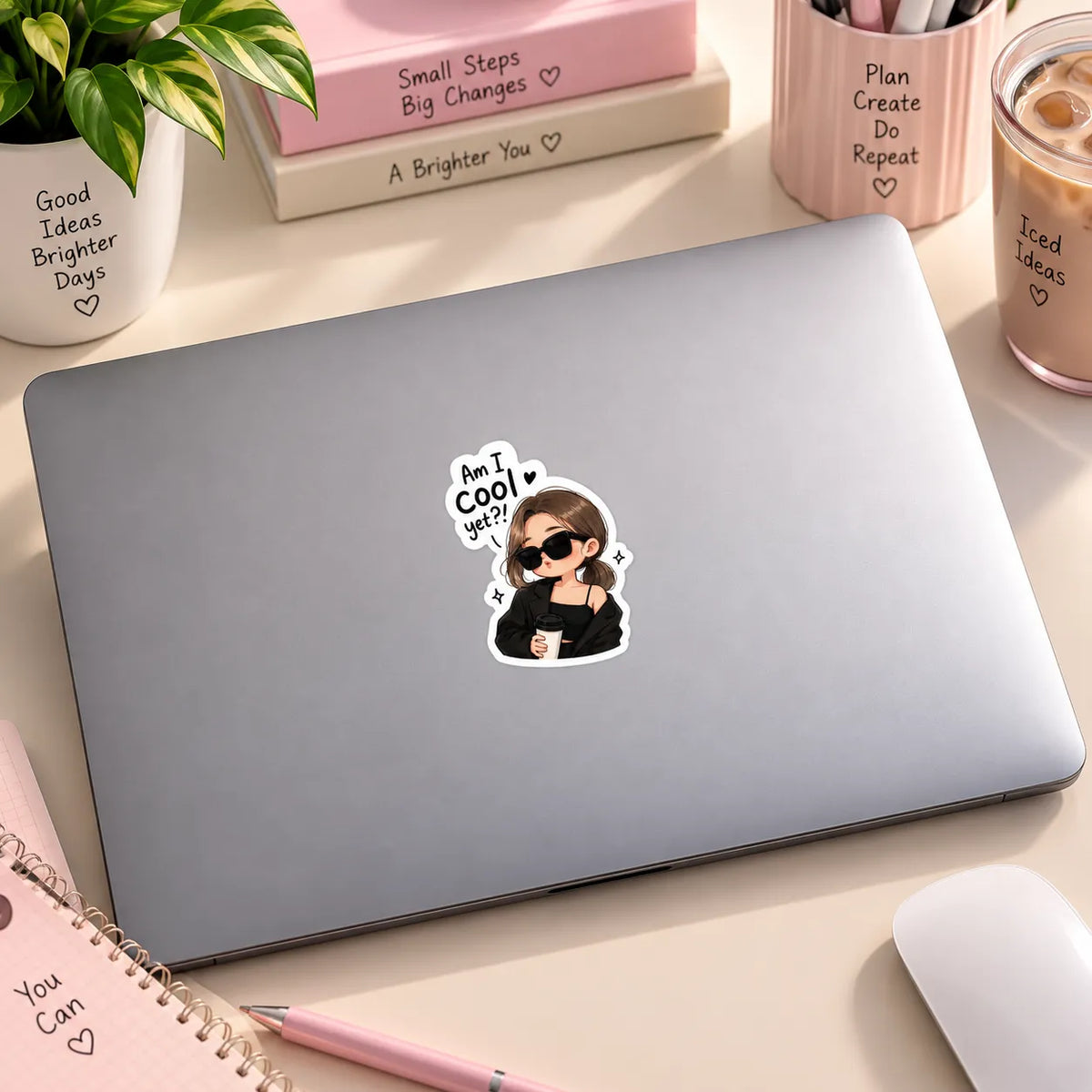 Cool chic anime girl with sunglasses holding coffee cup with Am I Cool yet?! speech bubble sticker by SLEEVER