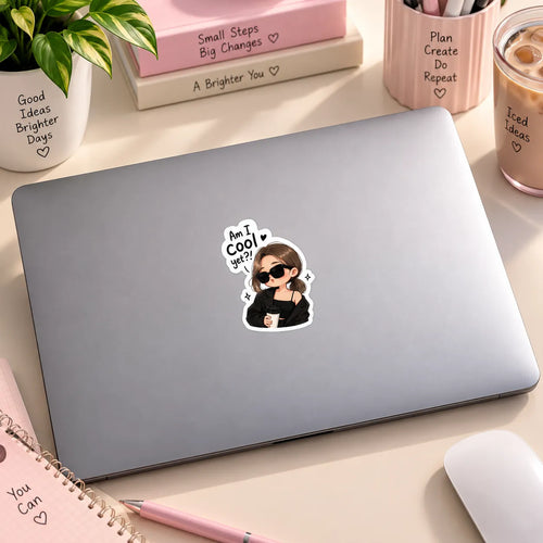 Cool chic anime girl with sunglasses holding coffee cup with Am I Cool yet?! speech bubble sticker by SLEEVER