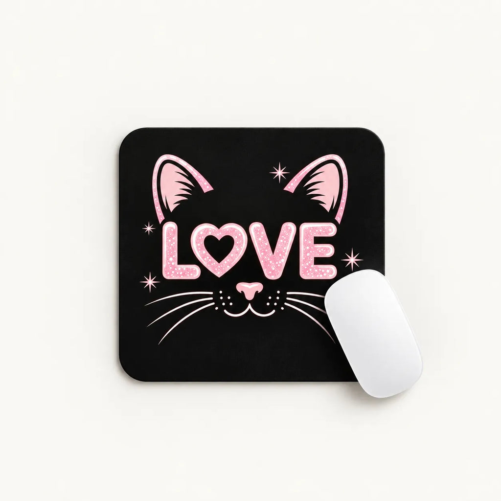 A square black mousepad with a pink cat face and the word 'LOVE' in glittery pink letters, shown on a white background with a white computer mouse resting on it.