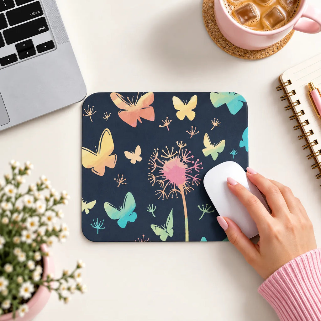 SLEEVER watercolor butterflies and dandelion dark blue desk mousepad 17.5 x 21.5 cm non-slip base