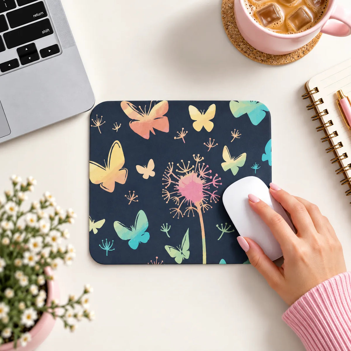 SLEEVER watercolor butterflies and dandelion dark blue desk mousepad 17.5 x 21.5 cm non-slip base