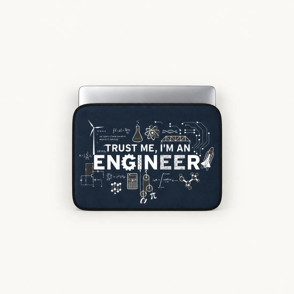 White "TRUST ME, I'M AN ENGINEER" text surrounded by scientific formulas, equations, circuit diagrams, and gear icons on a navy blue padded laptop sleeve by SLEEVER   