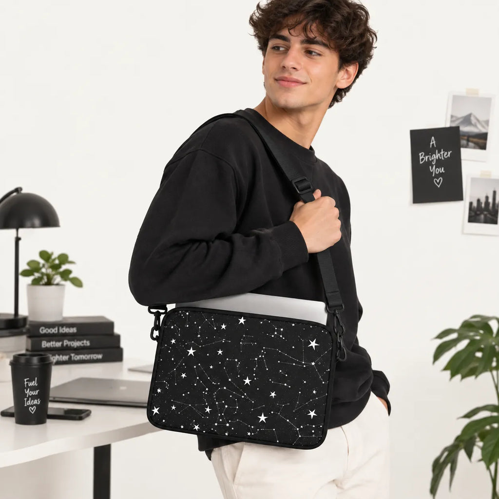 White starry constellation and star map pattern printed on black padded laptop sleeve by SLEEVER