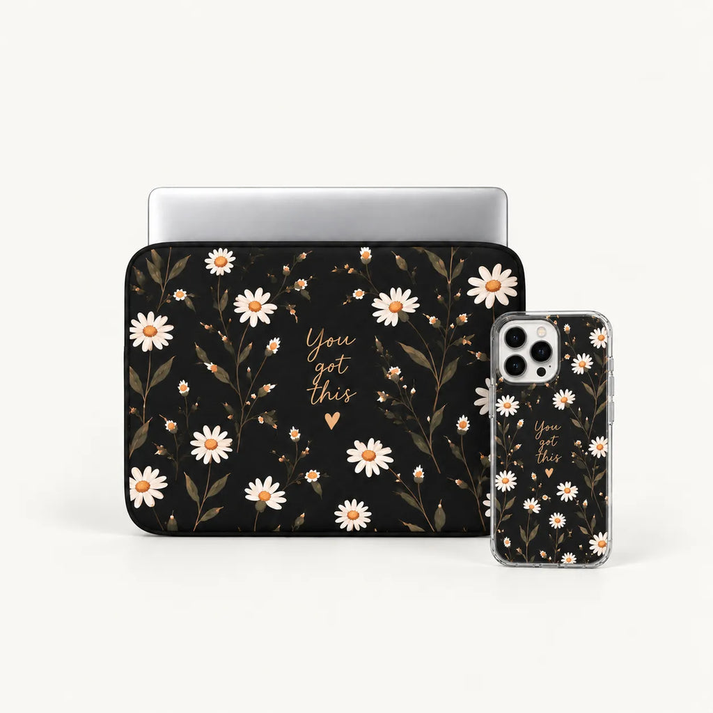 "Dark Daisy" vintage white daisies pattern on dark background clear phone case and matching laptop sleeve set by SLEEVER Egypt   
