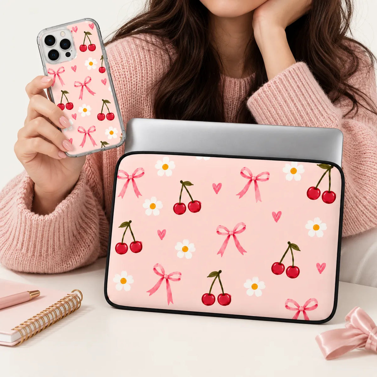 "Cherry & Bows" cute cherries, pink ribbons, and daisies pattern clear phone case and matching laptop sleeve set by SLEEVER Egypt   