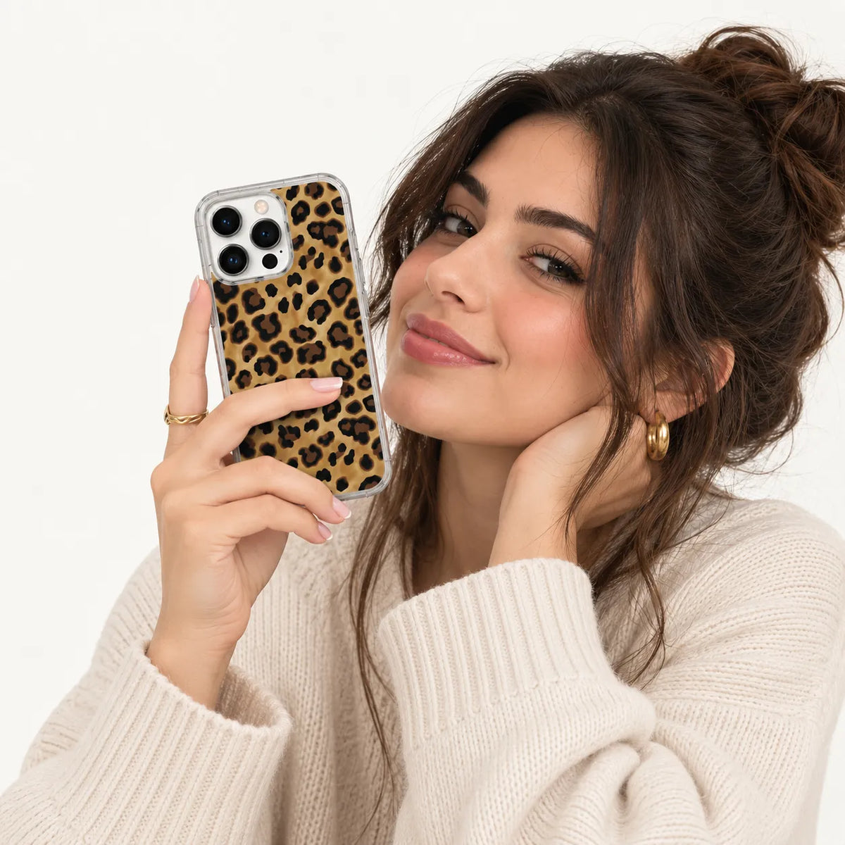 SLEEVER clear TPU phone case with leopard print UV back print and magnetic charging compatibility   