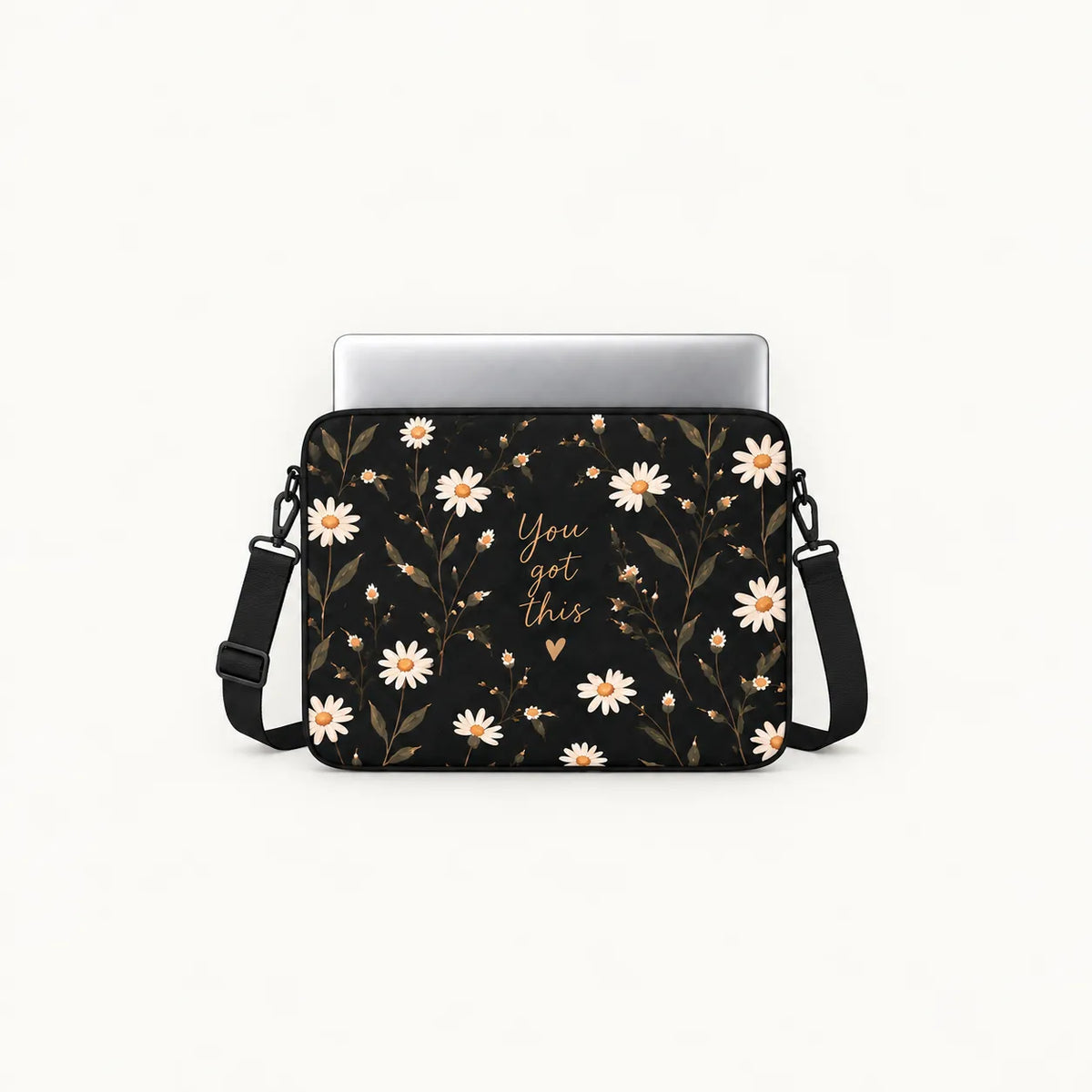 White daisy flowers floral pattern with gold You got this typography on a black padded laptop sleeve by SLEEVER