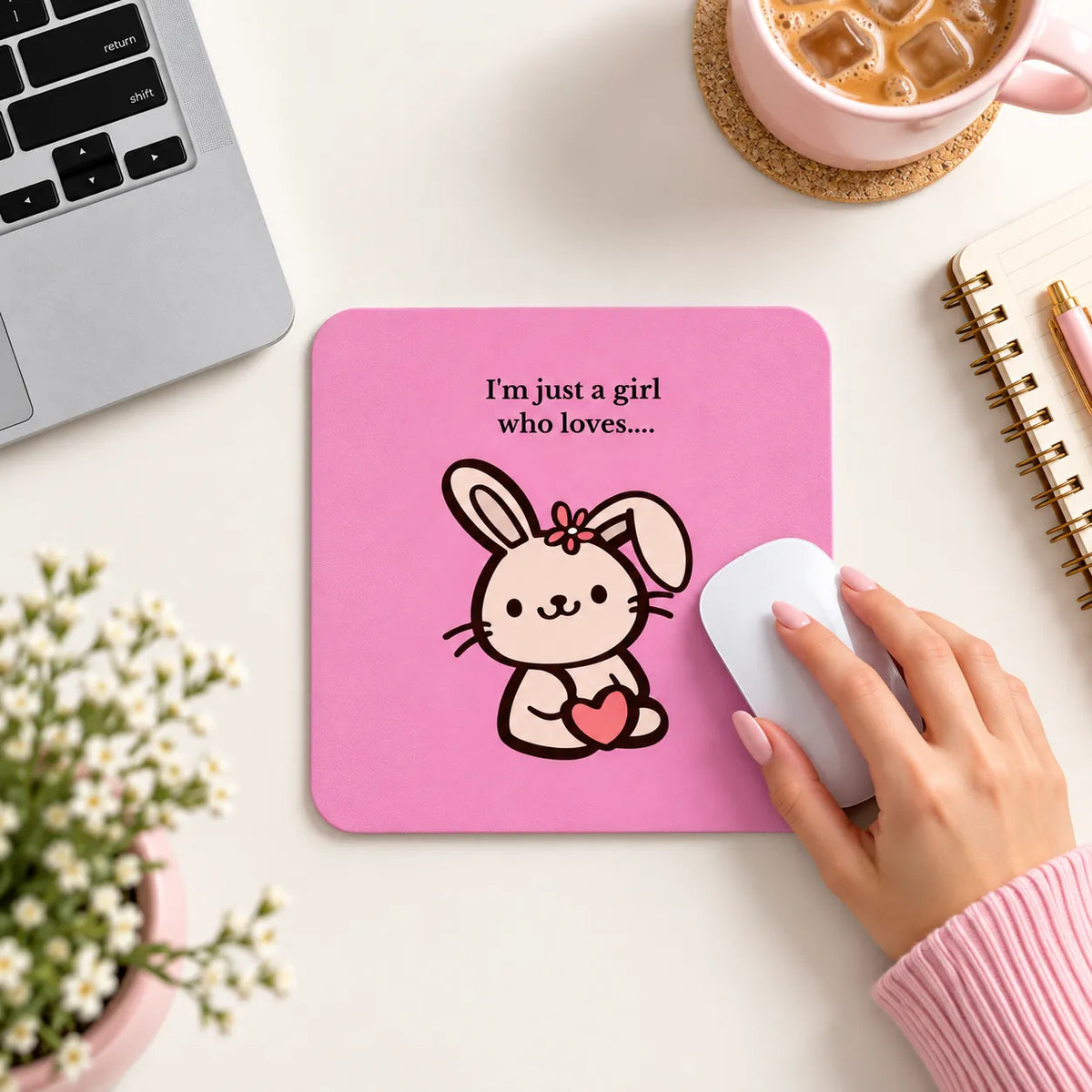 SLEEVER I'm just a girl who loves cute bunny holding heart pink desk mousepad 17.5 x 21.5 cm non-slip base
