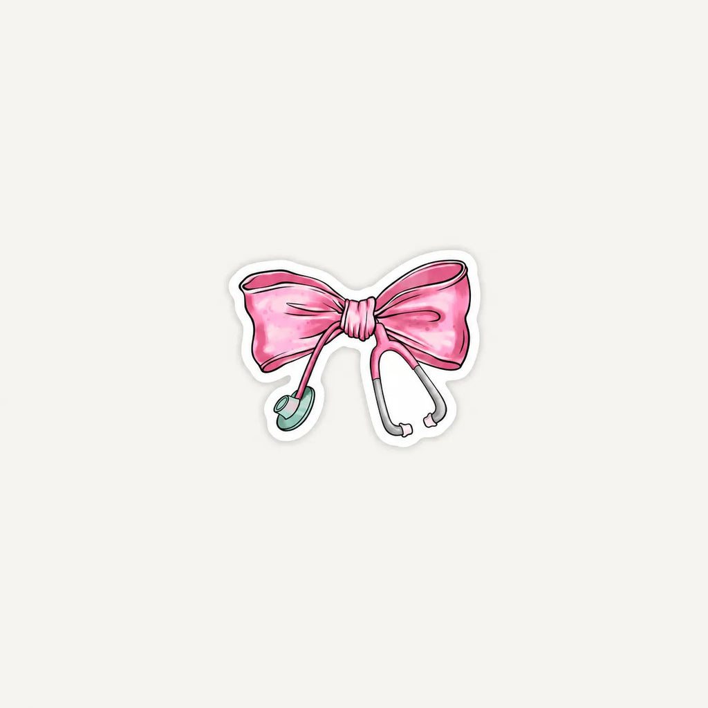 A die-cut sticker featuring a pink bow with a stethoscope attached, shown on a plain light gray background.