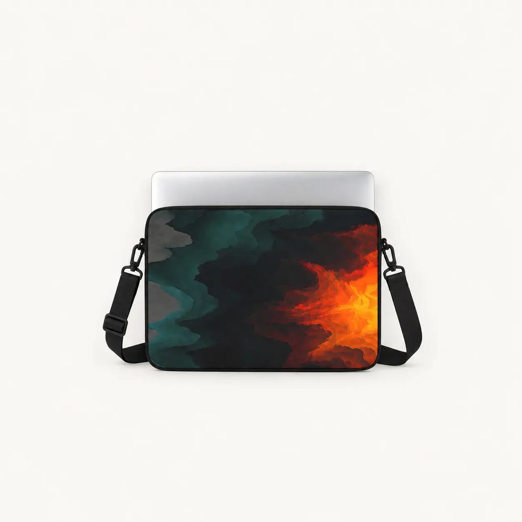 Dynamic fiery orange and red lava waves blended with dark teal abstract smoky textures on a padded laptop sleeve by SLEEVER
