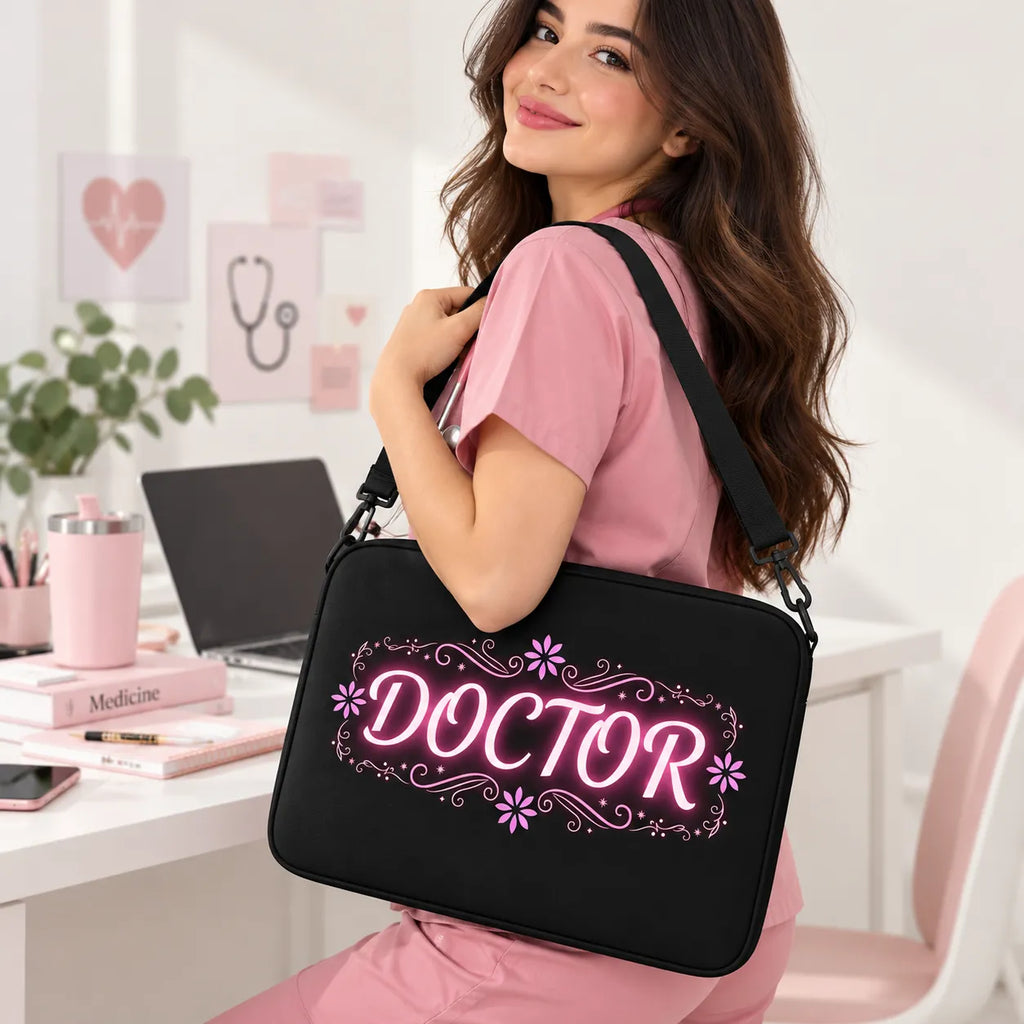 Glowing pink neon DOCTOR typography with floral flourishes on a black padded laptop sleeve by SLEEVER   