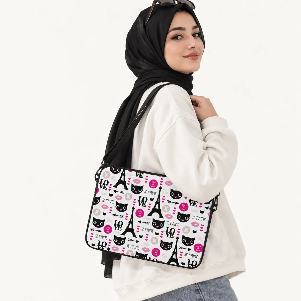 Paris romantic pattern laptop sleeve with Eiffel Tower black cat faces lips and Je T'aime text by SLEEVER