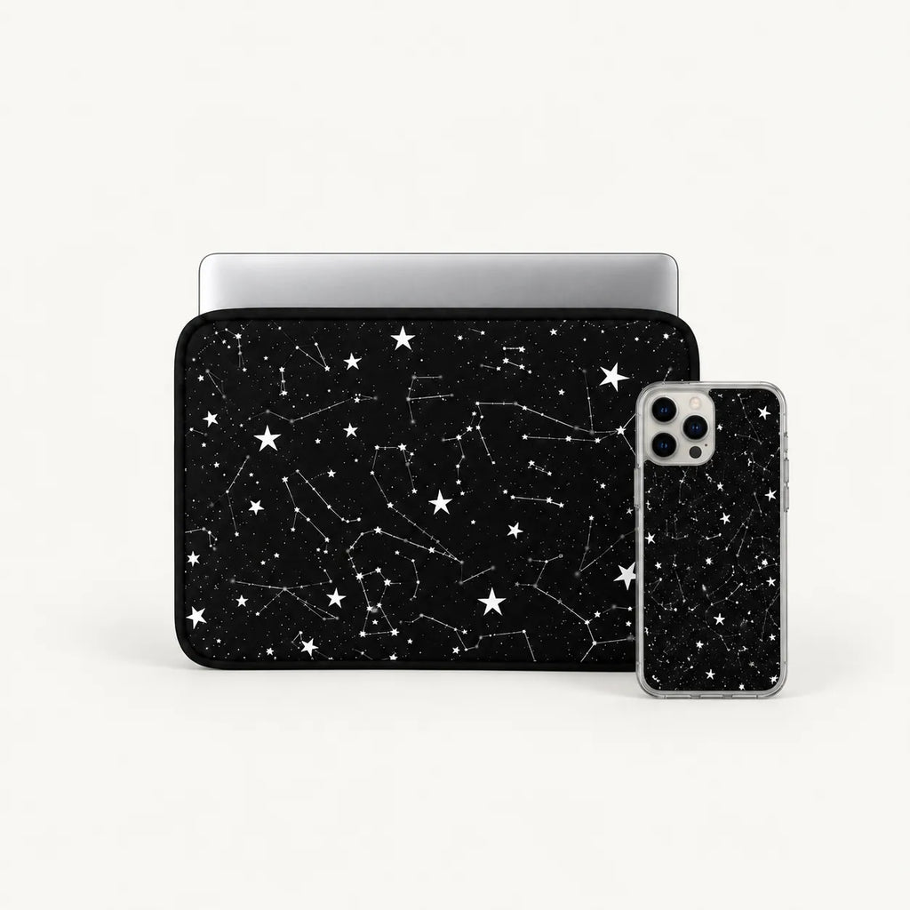 A black laptop sleeve and matching smartphone case with a white starry constellation pattern, shown on a clean white background.