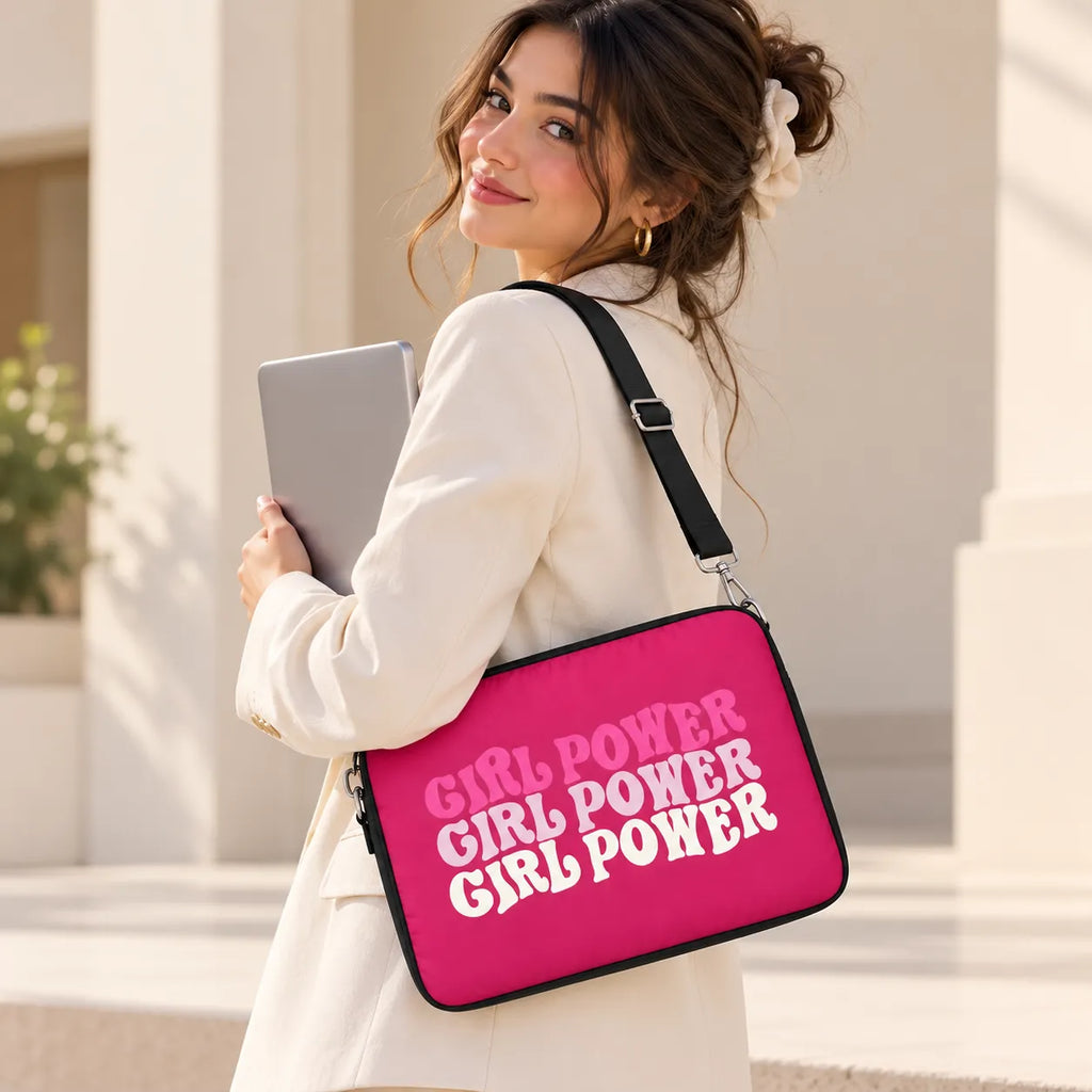 Stacked retro groovy Girl Power typography in shades of pink on a pink padded laptop sleeve by SLEEVER
