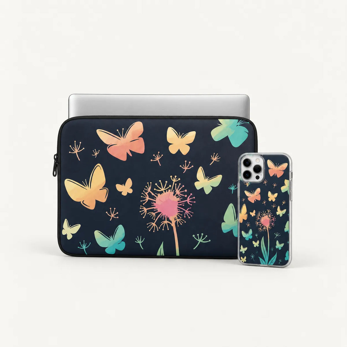 "Watercolor Butterflies & Dandelion" aesthetic colorful pattern clear phone case and matching laptop sleeve set by SLEEVER Egypt