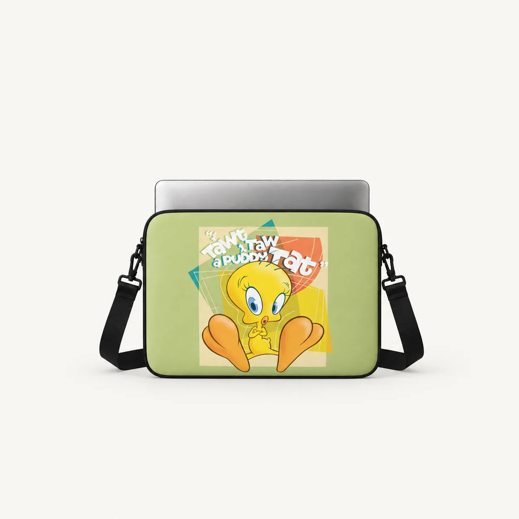 Tweety Bird character illustration with I Tawt I Taw A Puddy Tat text on a sage green padded laptop sleeve by SLEEVER