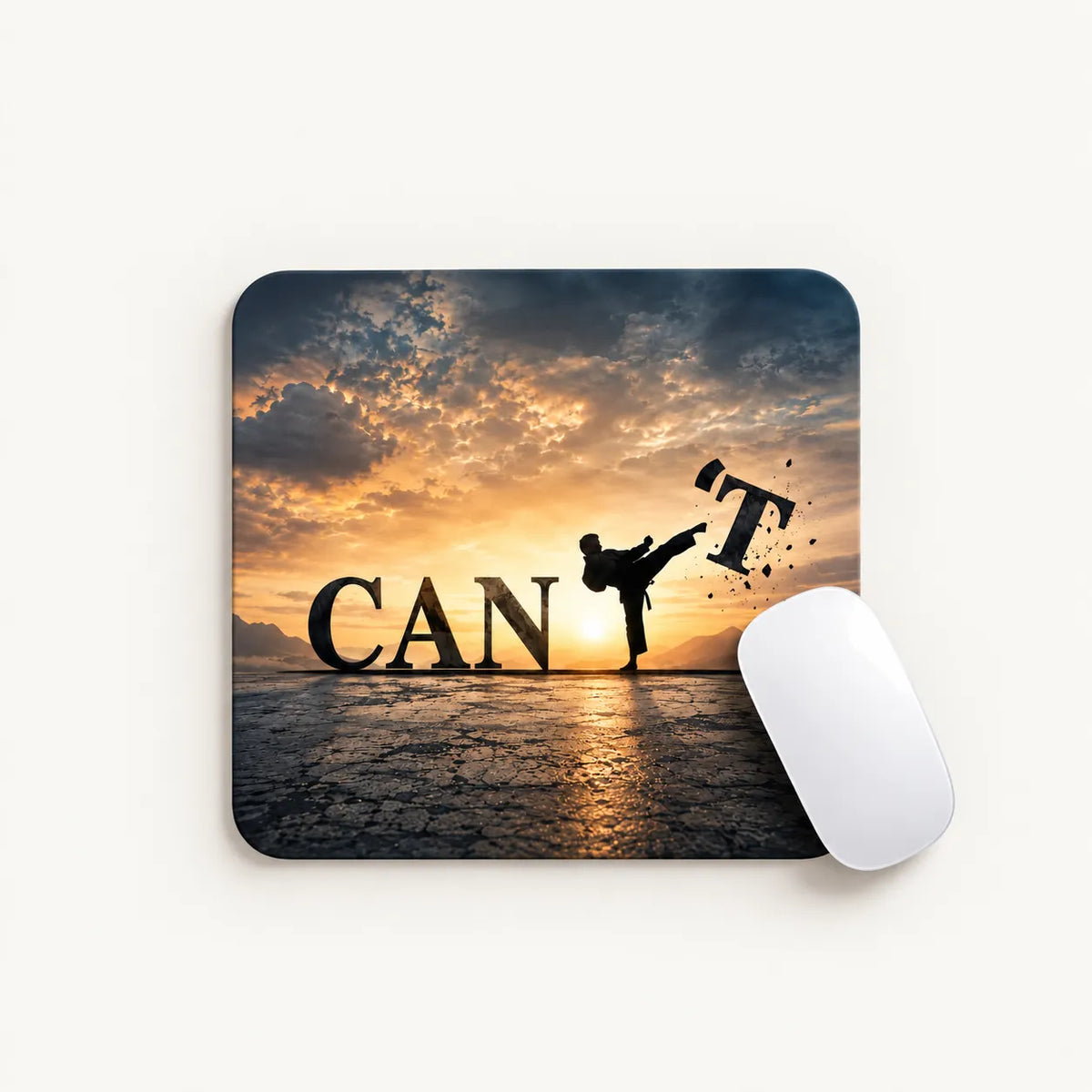 A square computer mouse pad with rounded corners, featuring a graphic design of a martial arts silhouette kicking a letter 'T' in a sunset sky, with the word 'CAN'T' on the pad. A white computer mouse is placed on the right side of the pad, set against a clean off-white background.