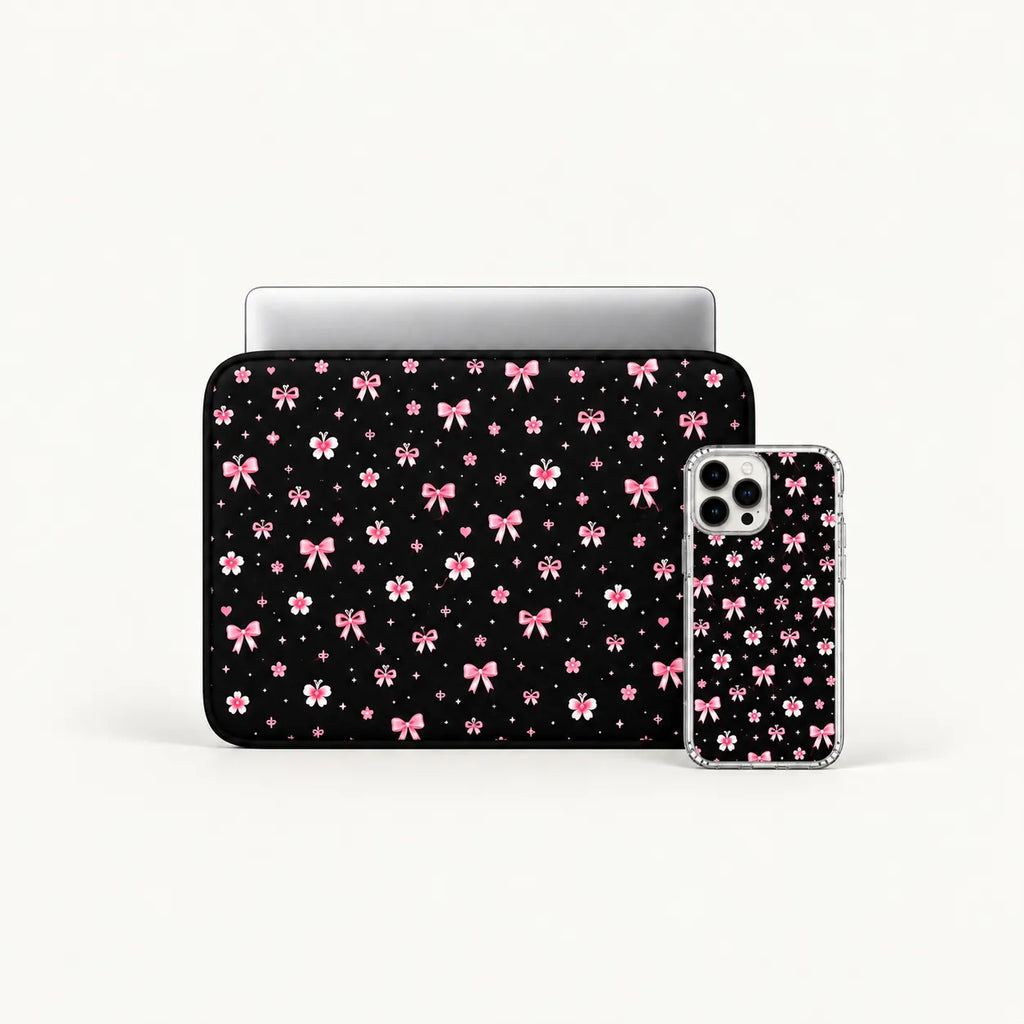 "Pink Bows & Stars" cute pink bows, flowers, and sparkling stars pattern on black background clear phone case and matching laptop sleeve set by SLEEVER Egypt   
